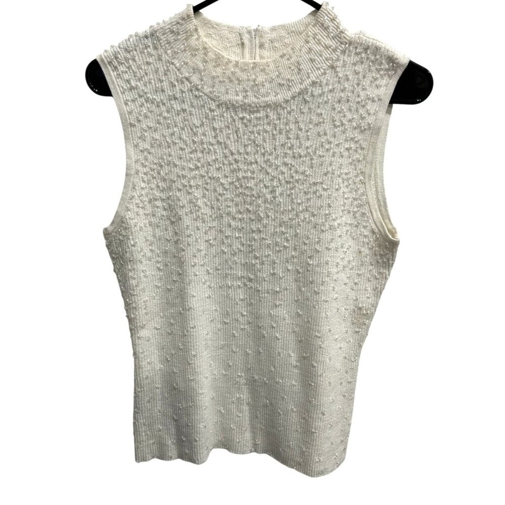 Gardy Womens Sleeveless Ribbed Knit Top With Sparkle Beaded Detail White Sz XL